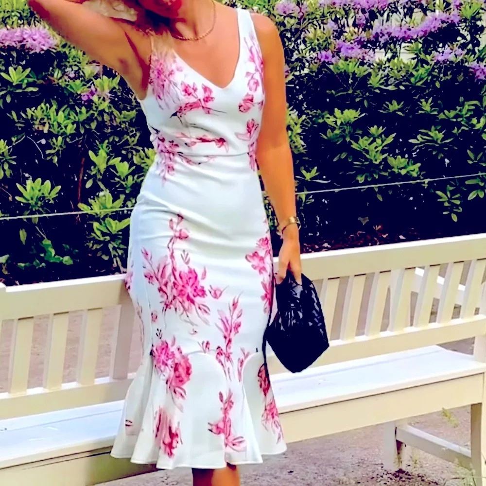 FEHAUTE Pink Floral Mermaid Skirt V Neck Sleeveless Mermaid Midi Dress Size 4 - Picture 3 of 11